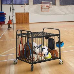 Black Metal Rolling Sports Ball Cage Storage Hopper, Gym Equipment Basket Cart with Lockable Latch, Wheels, and Hooks