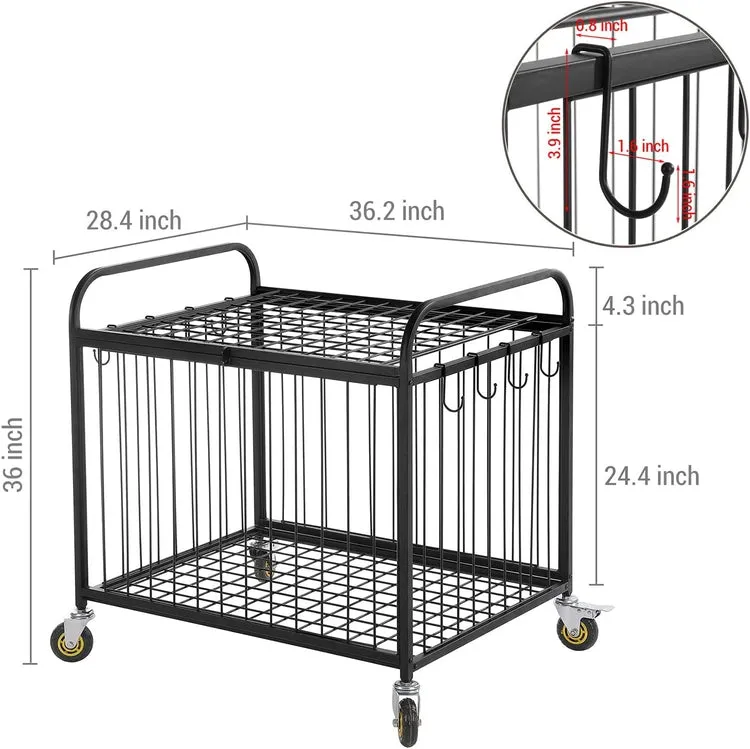 Black Metal Rolling Sports Ball Cage Storage Hopper, Gym Equipment Basket Cart with Lockable Latch, Wheels, and Hooks
