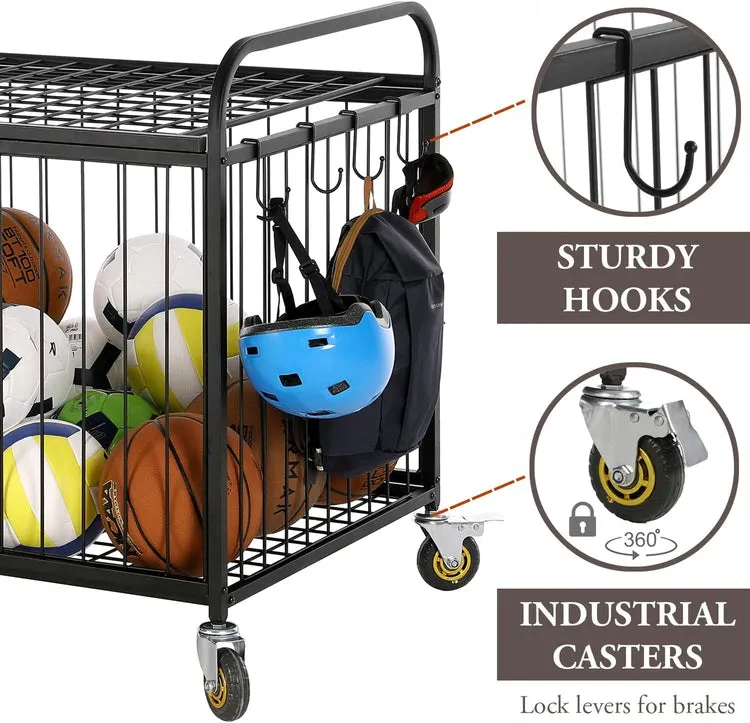 Black Metal Rolling Sports Ball Cage Storage Hopper, Gym Equipment Basket Cart with Lockable Latch, Wheels, and Hooks
