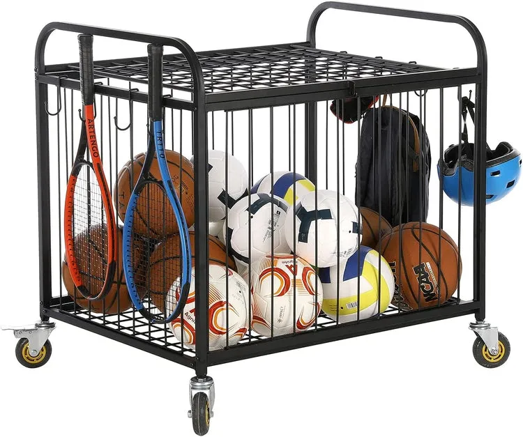 Black Metal Rolling Sports Ball Cage Storage Hopper, Gym Equipment Basket Cart with Lockable Latch, Wheels, and Hooks