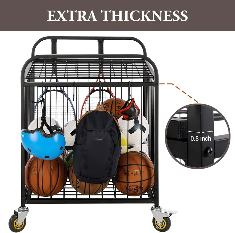 Black Metal Rolling Sports Ball Cage Storage Hopper, Gym Equipment Basket Cart with Lockable Latch, Wheels, and Hooks