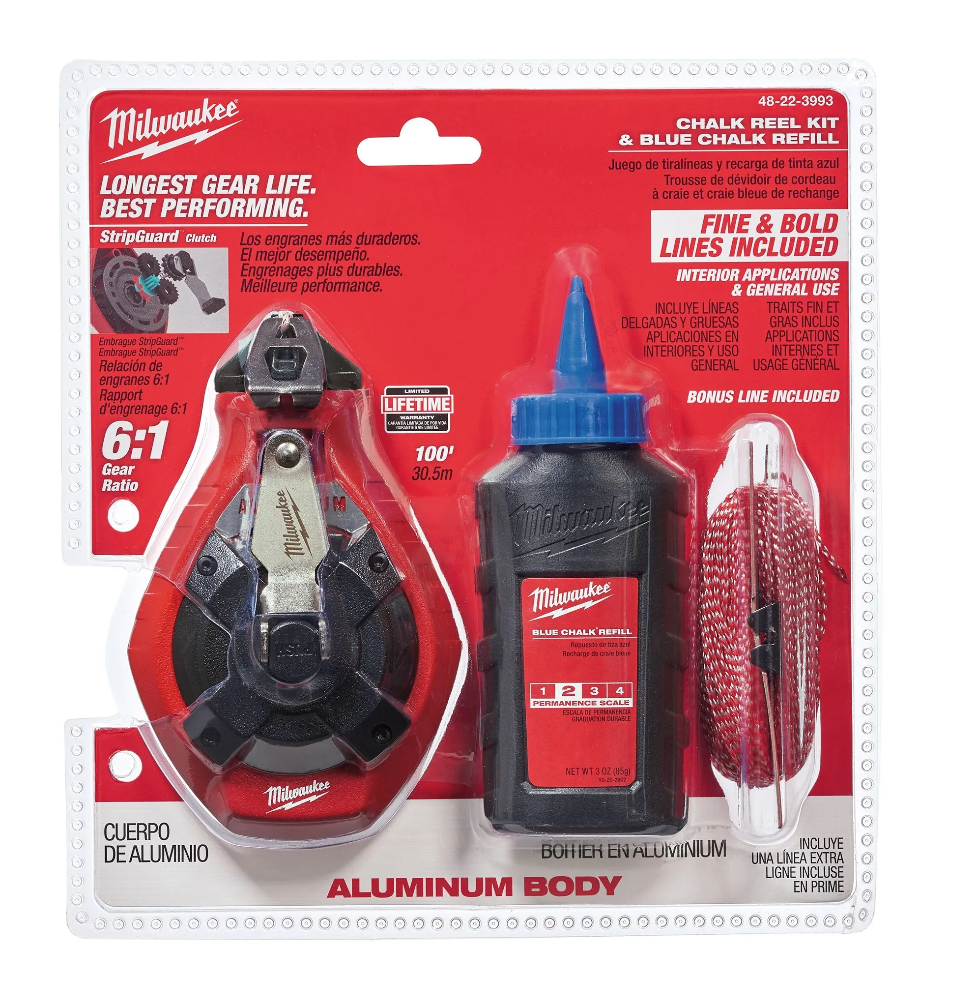 Chalk Reel - Milwaukee 100 ft. Aluminum Chalk Reel Kit w/ Blue Chalk and Bonus Line, 48-22-3993