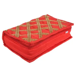 Heart Home Jewellery Organizer | Polyester Gota Lace Check Design Vanity Organizer | 4 Transparent Pouch & 1 Compartment Cosmatic Kit | Red