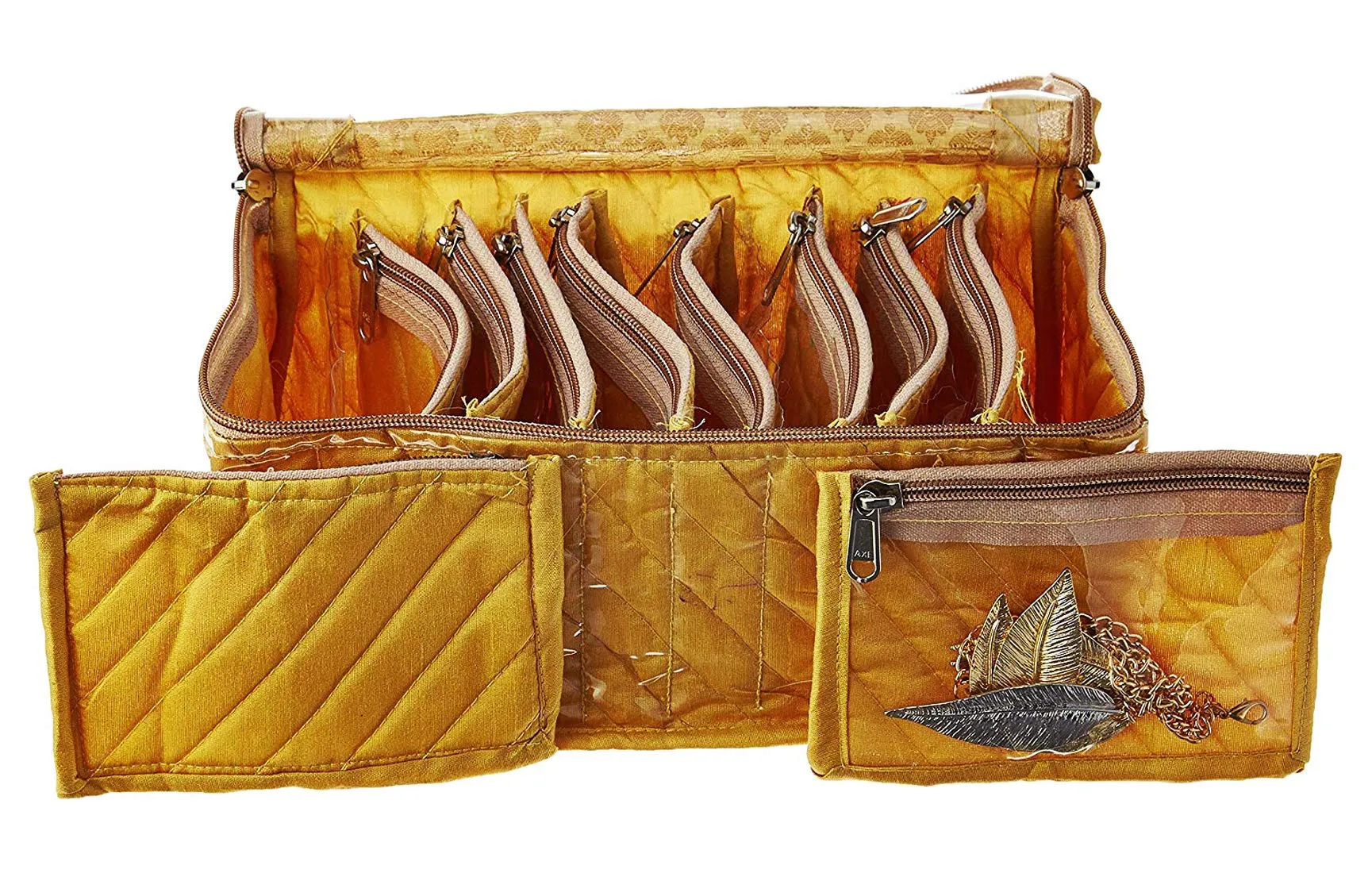 Kuber Industries 2 Pieces Fabric Jewellery Box with 10 Transparent Pouches, (Gold) - CTKTC30955