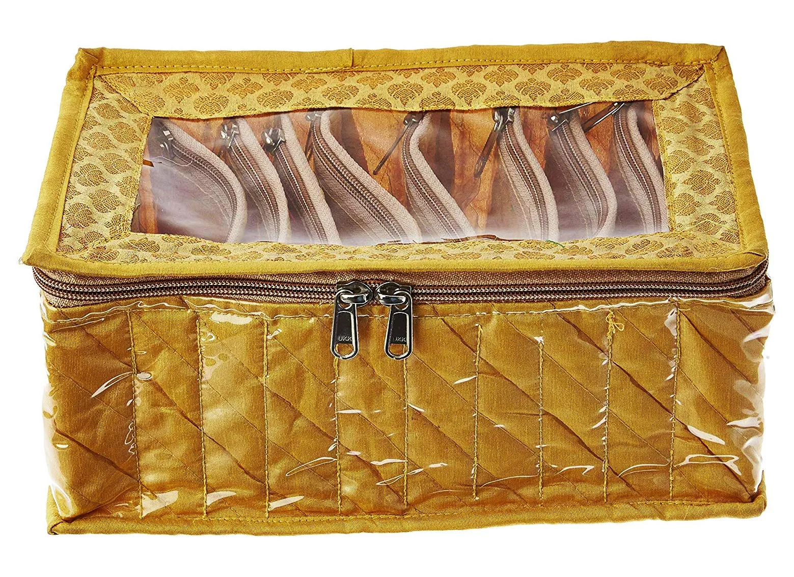 Kuber Industries 2 Pieces Fabric Jewellery Box with 10 Transparent Pouches, (Gold) - CTKTC30955