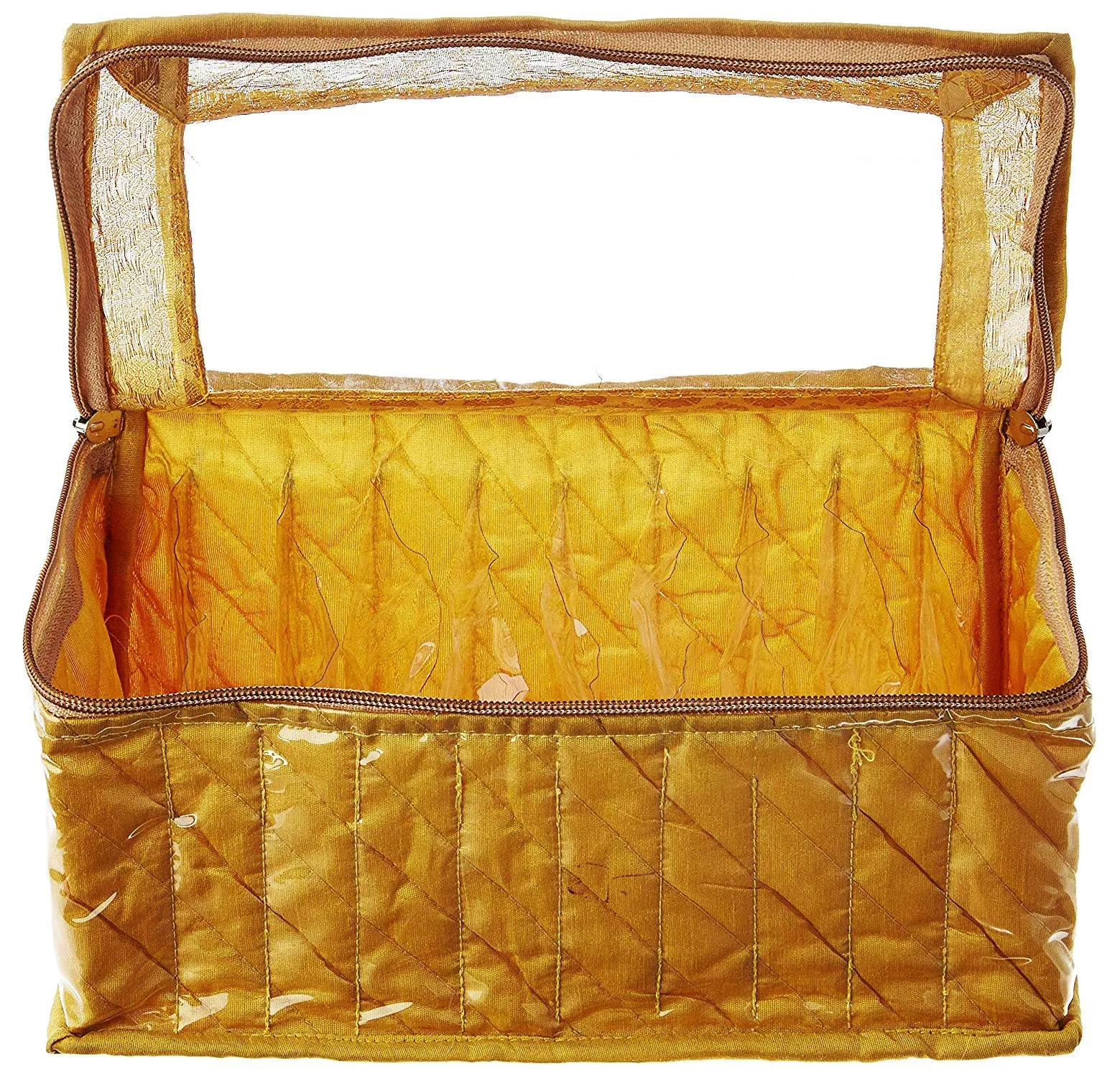 Kuber Industries 2 Pieces Fabric Jewellery Box with 10 Transparent Pouches, (Gold) - CTKTC30955