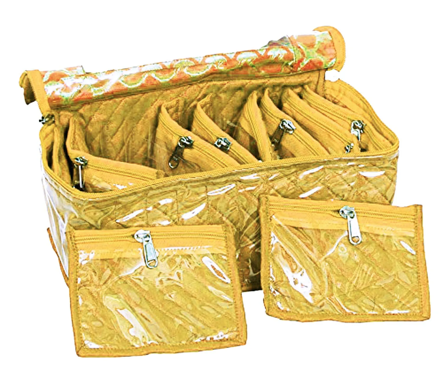 Kuber Industries 2 Pieces Fabric Jewellery Box with 10 Transparent Pouches, (Yellow) - CTKTC030959
