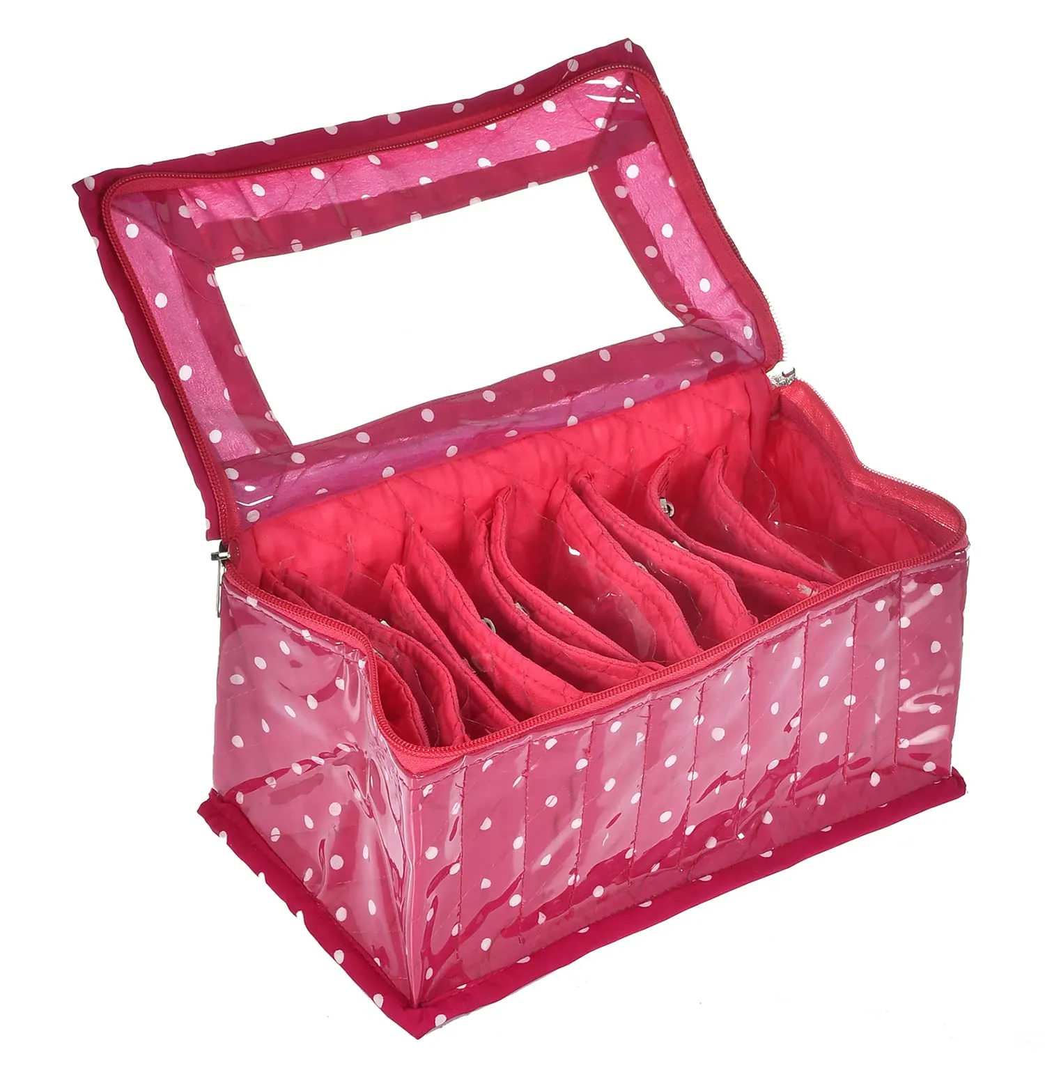 Kuber Industries Dot Printed Laminated PVC Multipurpose Jewellery Organizer With 10 Tranasparent Pouches (Pink)-45KM06