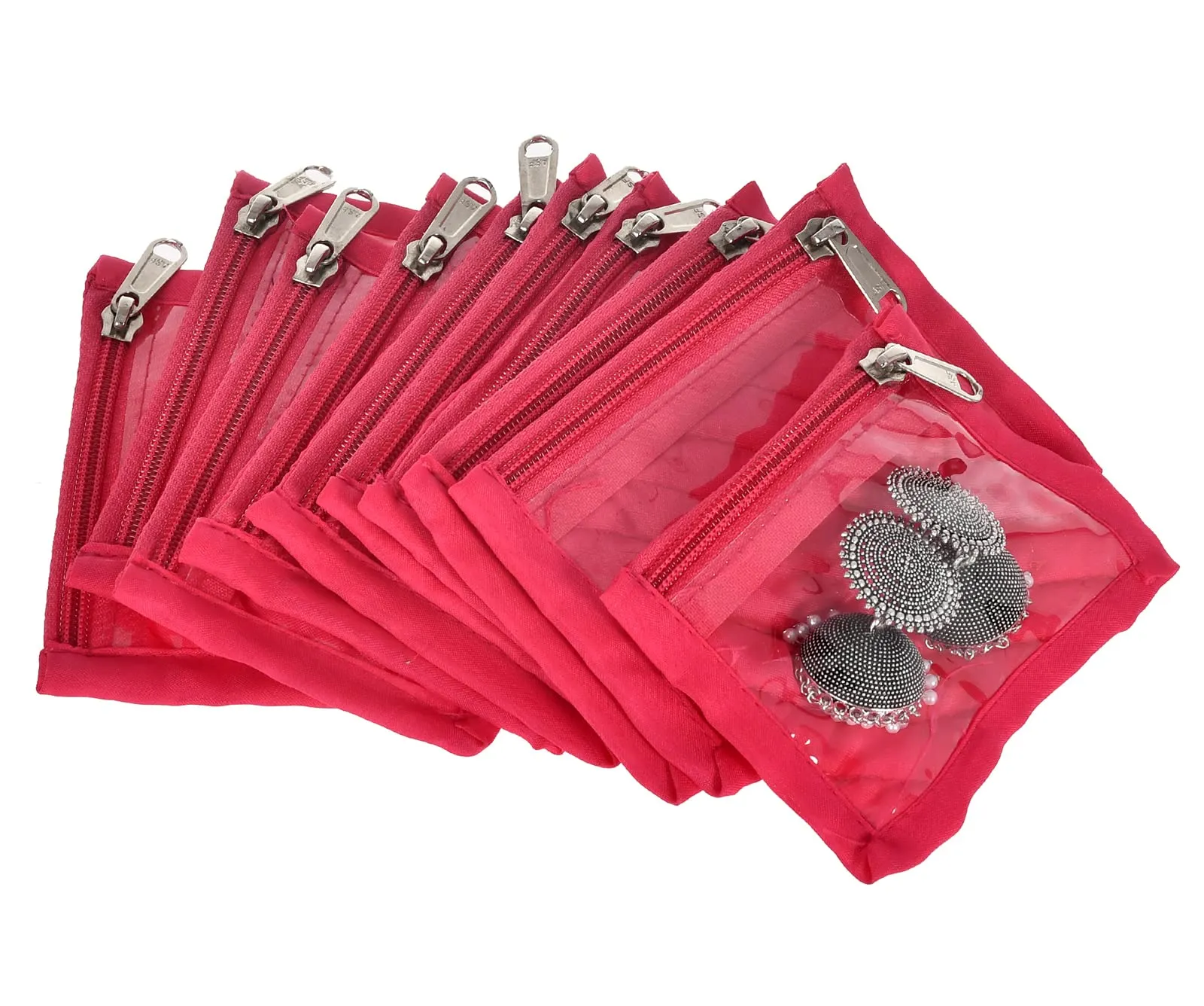 Kuber Industries Dot Printed Laminated PVC Multipurpose Jewellery Organizer With 10 Tranasparent Pouches (Pink)-45KM06