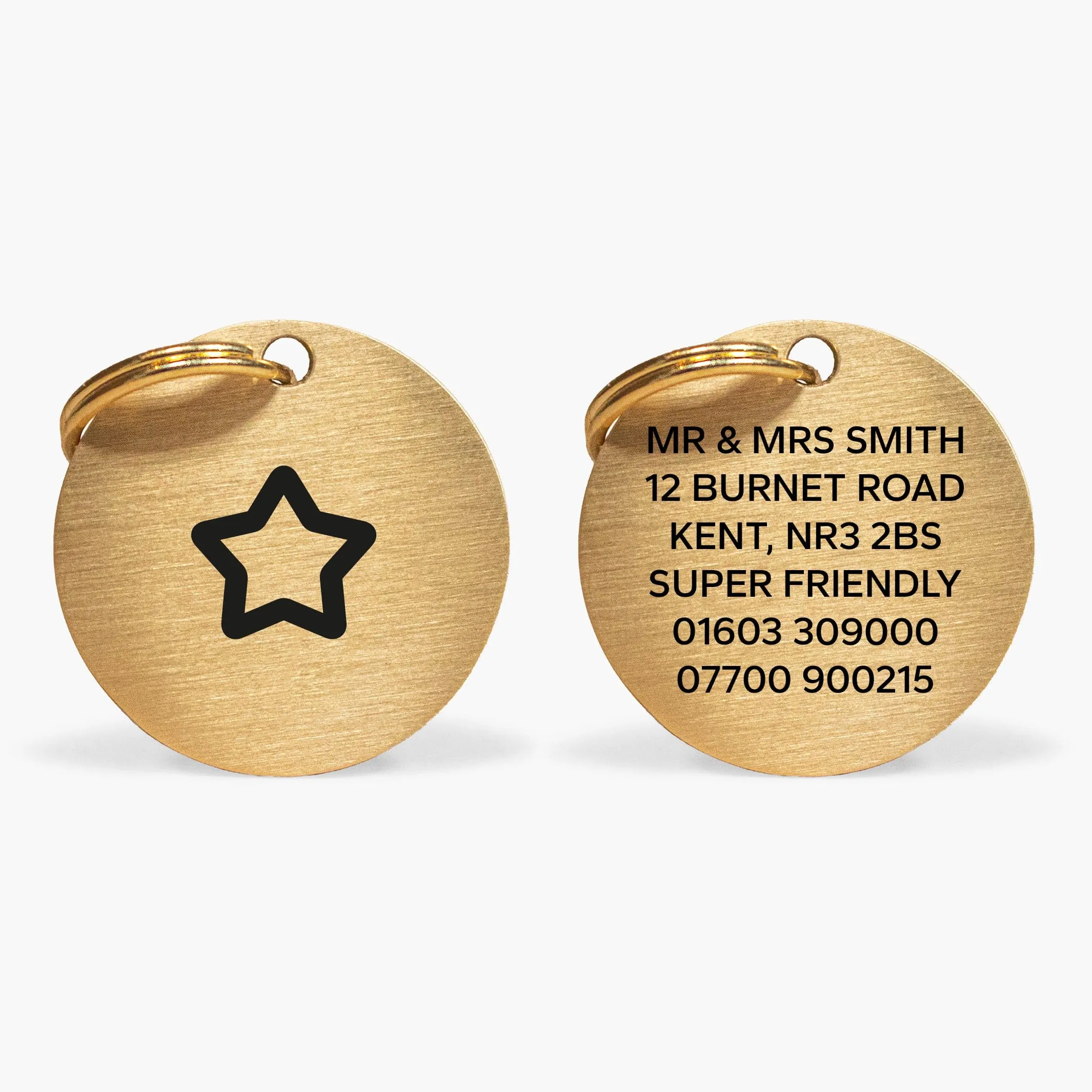 No-Name Gold Brass Dog Tag with Icon Engraving & Custom Contact Info