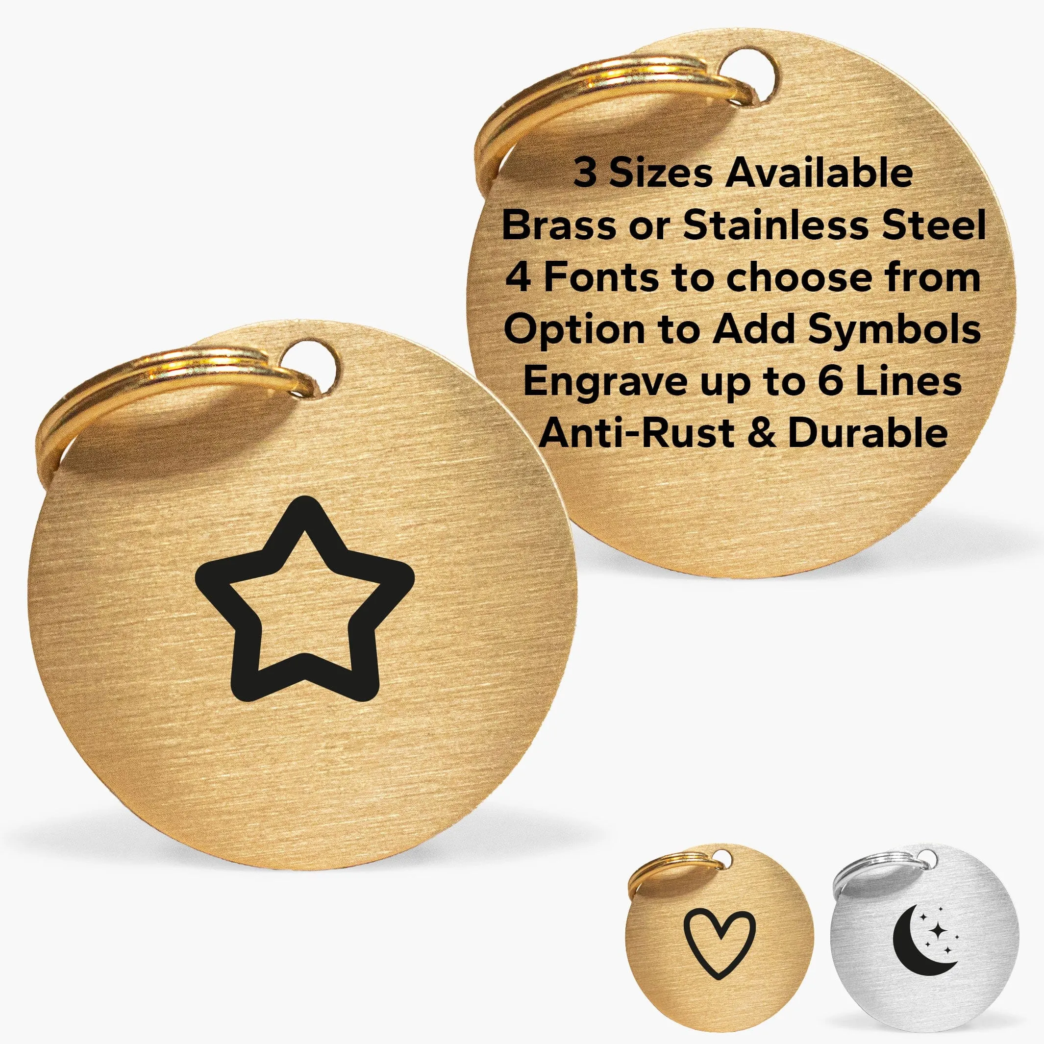 No-Name Gold Brass Dog Tag with Icon Engraving & Custom Contact Info
