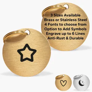 No-Name Gold Brass Dog Tag with Icon Engraving & Custom Contact Info
